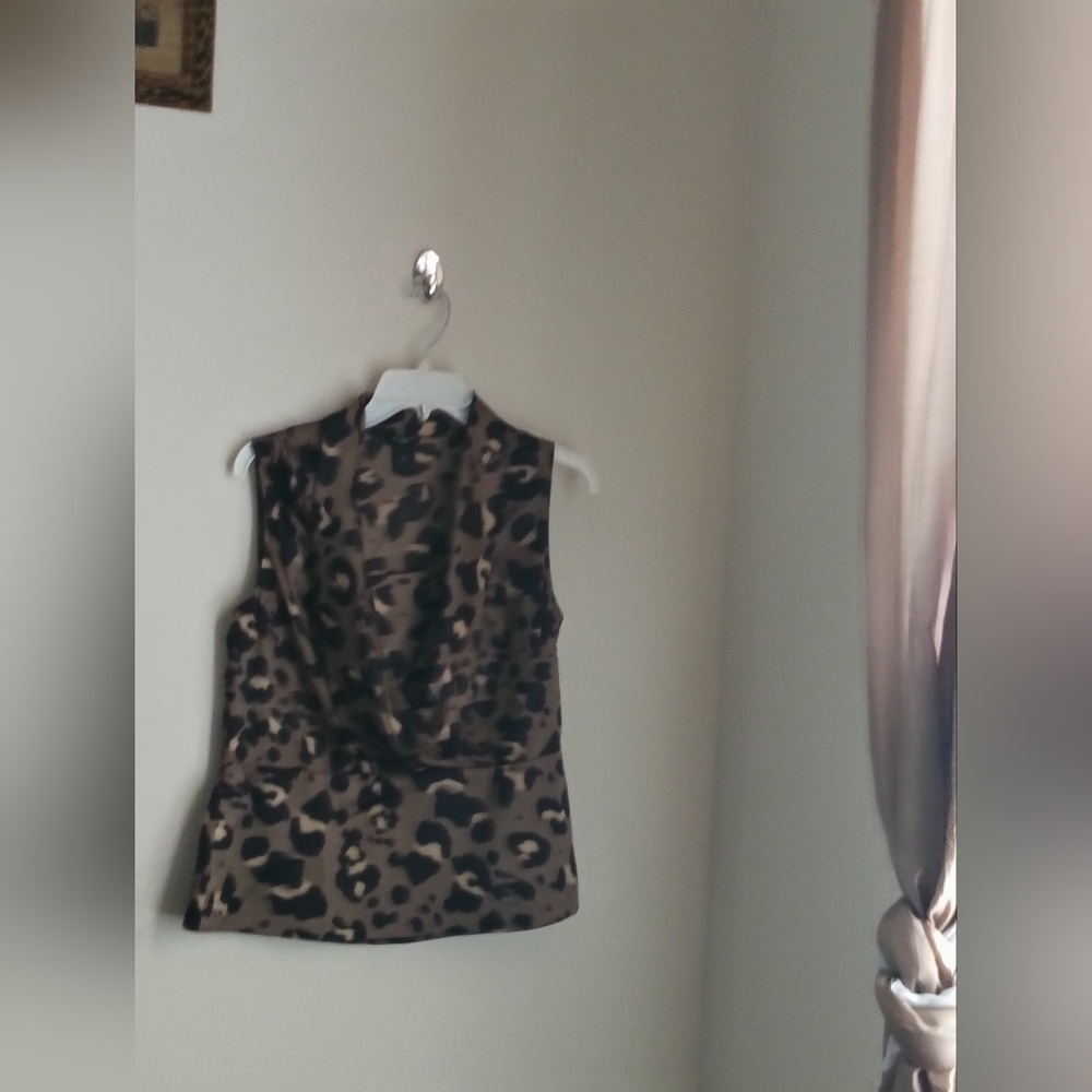 Ann Taylor Blouse Women 8P Black and Brown Mandarin Collar Top Office Church Y2K